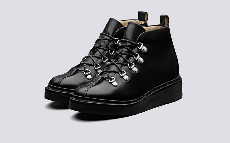 Grenson Bridget Womens Hiking Boots - Black Padded Ankle Wedge Sole KU2157